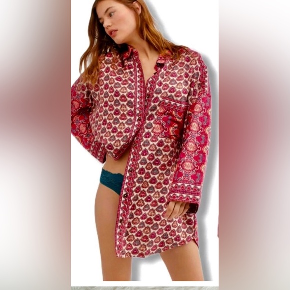 Free People Other - Free People Cotton Flannel Sleep Shirt Happy Holibabe Women’s Large Soft n Cozy